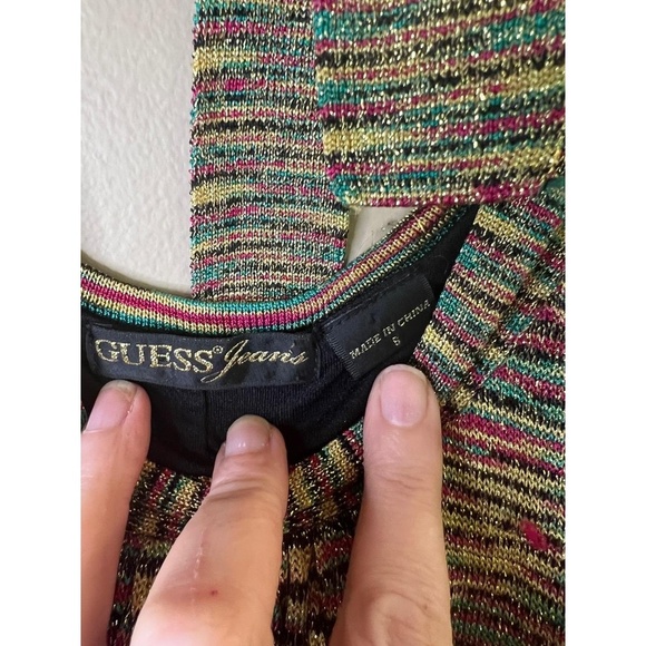 Vintage GUESS Jeans  Multicolor Short Sleeve Smocked Back Tie Knit Dress Small - Picture 4 of 10